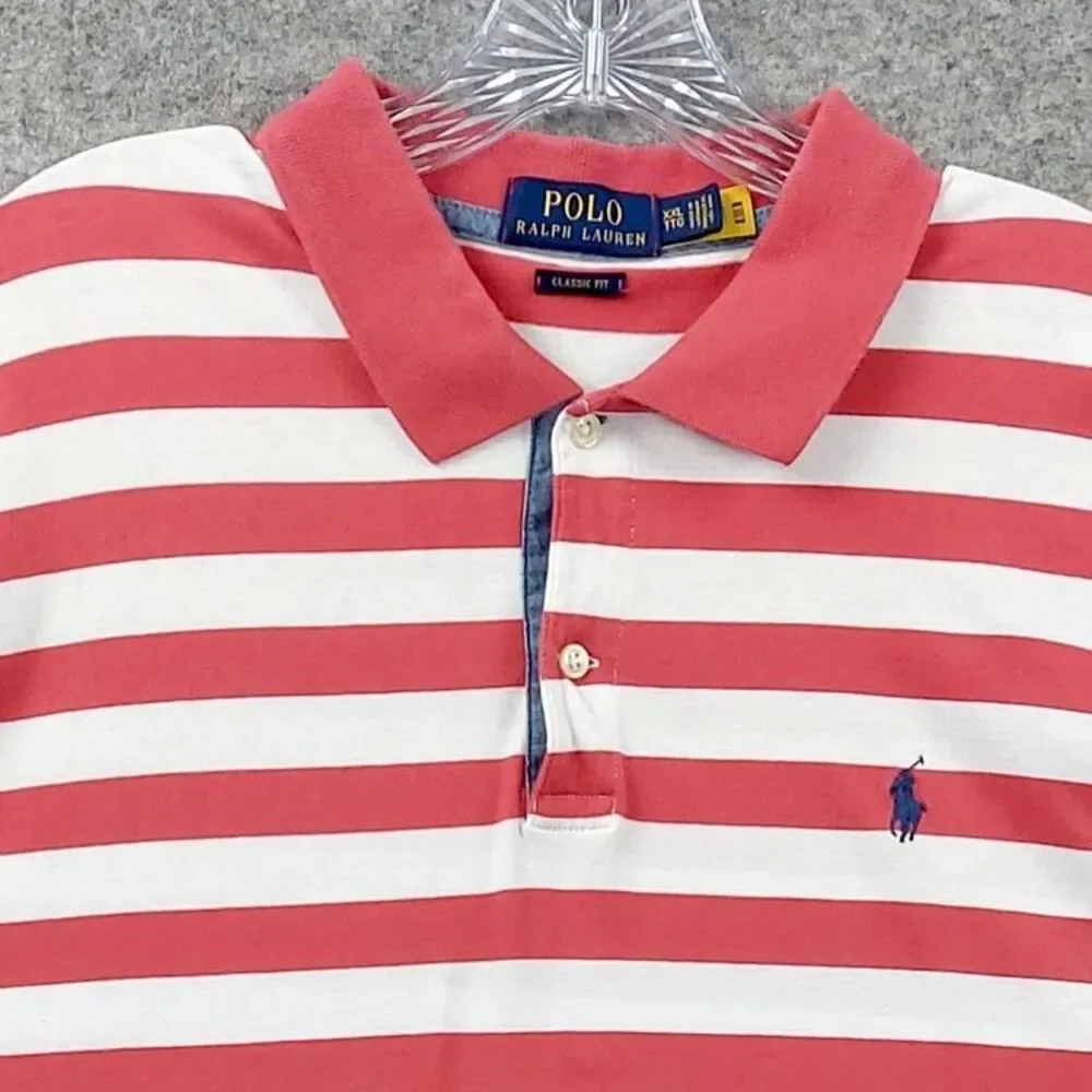 Polo Ralph Lauren Classic Fit Polo Shirt XXL Pink White Stripe Pony Logo Cotton